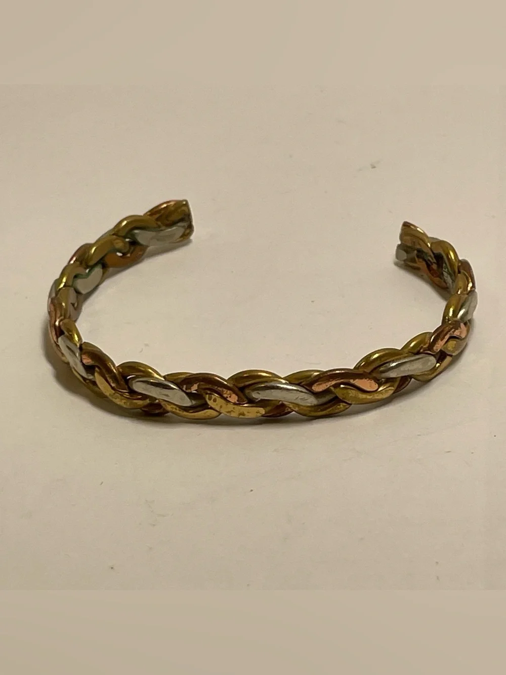 Vintage Artisan Crafted Braid Multicolor Tri Color Metal Coppery Cuff Bracelet